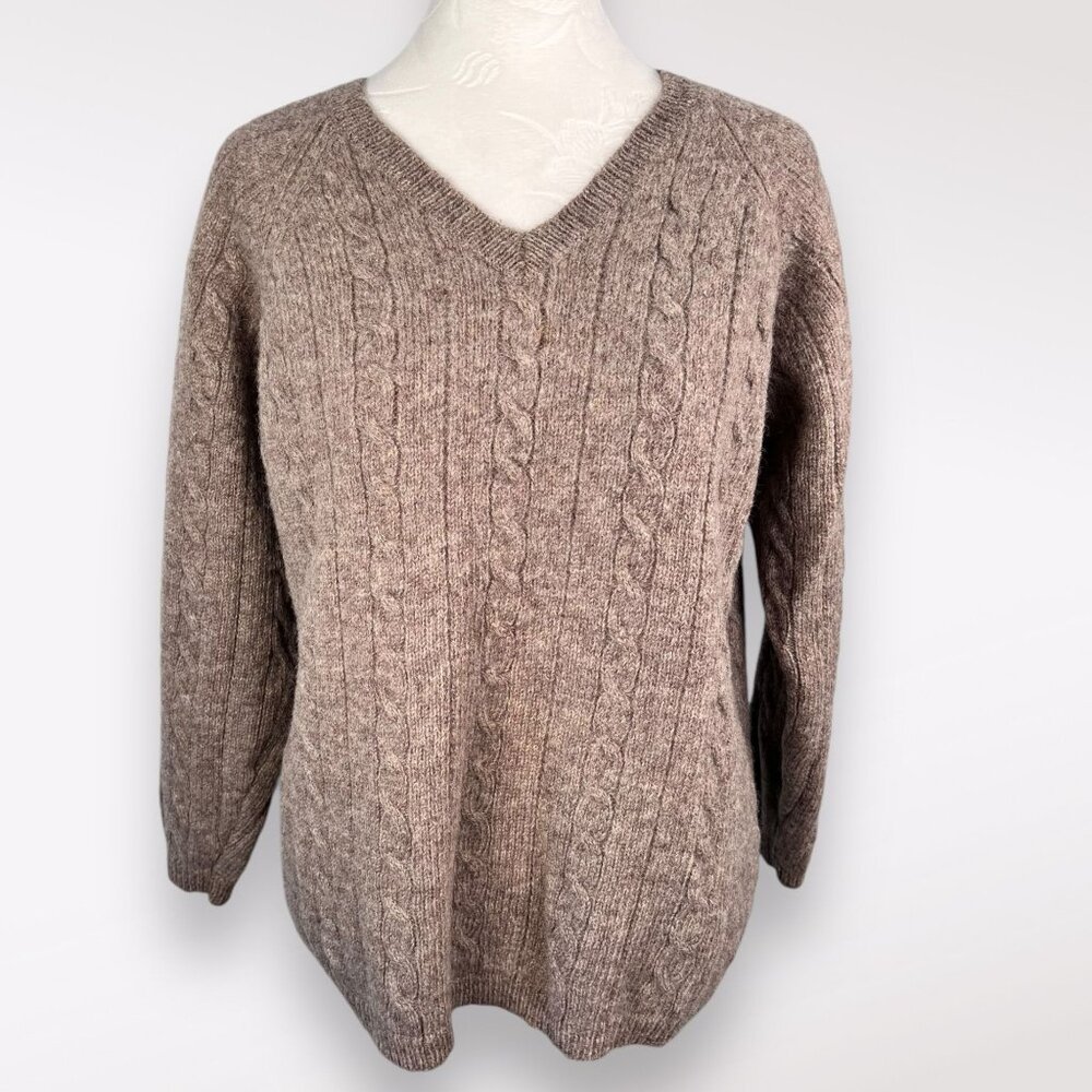 VTG Express Bleus Wool Sweater Cable Knit V-Neck 3/4 Sleeve Size L